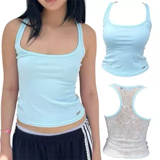 Buarchom—(BCM003)เสื้อกล้าม+หลังลูกไม้ซีทรู เข้ารูปเอวสับ ผ้าคอตตอน Spendex พรีเมียม สีพื้น ไม่ย้วย ลูกไม้นิ่ม ไม่คัน