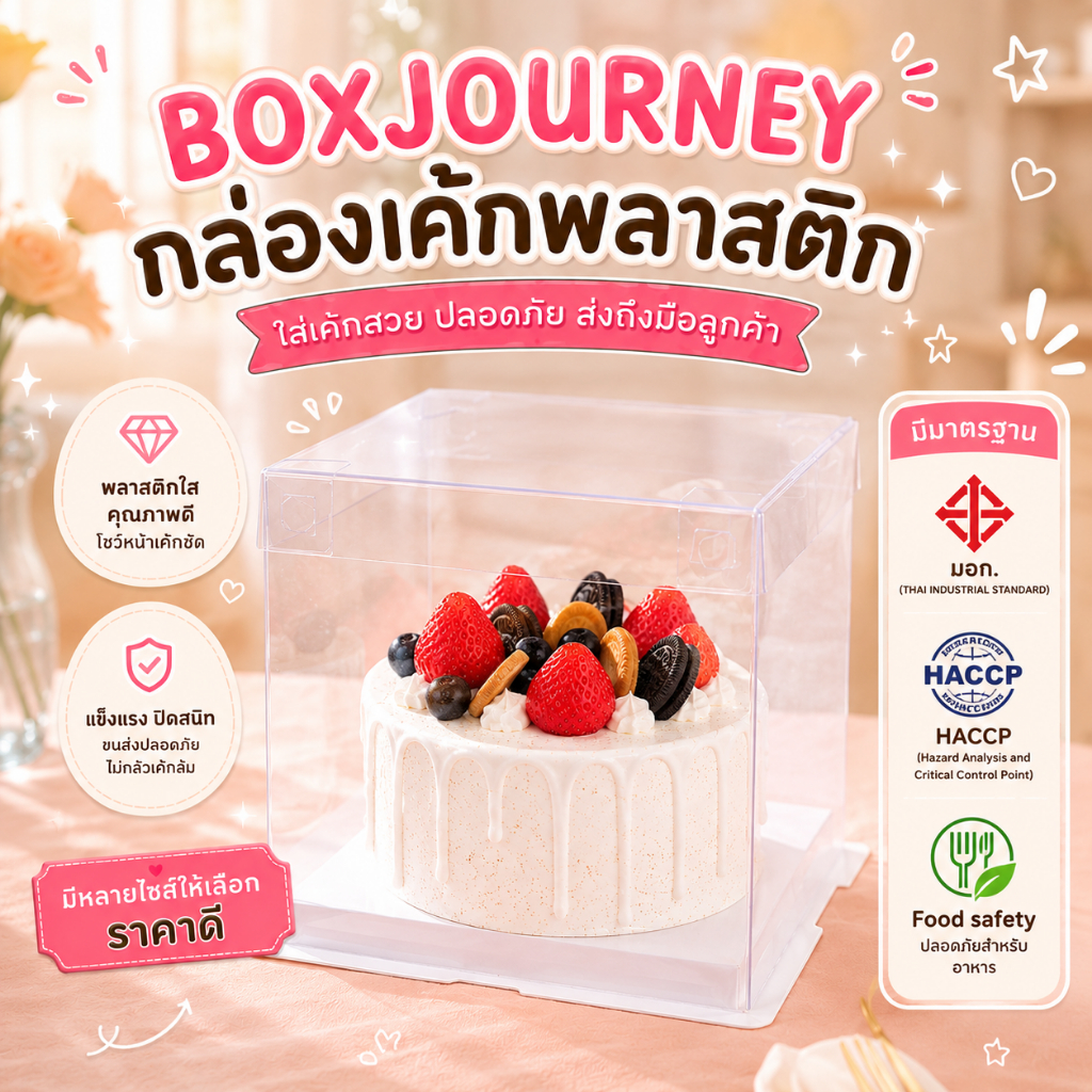 Boxjourney กล่องเค้กพลาสติก ฐานขาว ฝาใส/ฝาขาว (5 ชิ้น/แพ็ค)