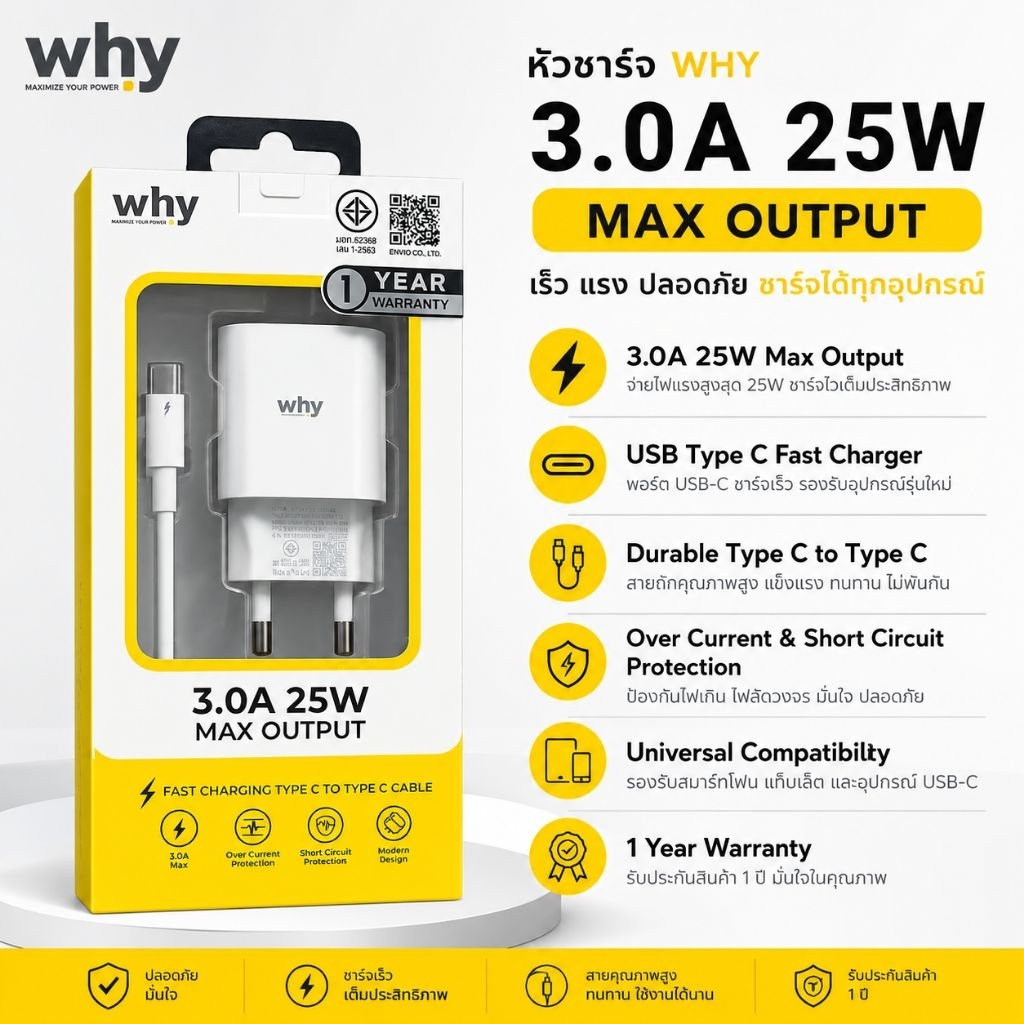 ชุดชาร์จ WHY 25W รุ่น WC-3291CC สีขาว รองรับการชาร์จเร็วสูงสุด 3.0A พร้อมสาย Type C to Type C