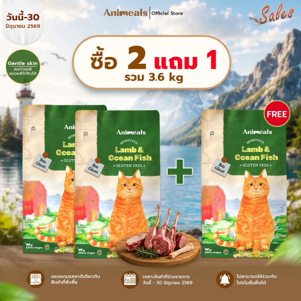 Animeals Sensitive อาหารแมว 2.4kg สูตรแมวแพ้ไก่ ผิวแพ้ง่าย ลดผื่นแดง เกาคัน รสแกะและปลาทะเล กลูเตนฟรี