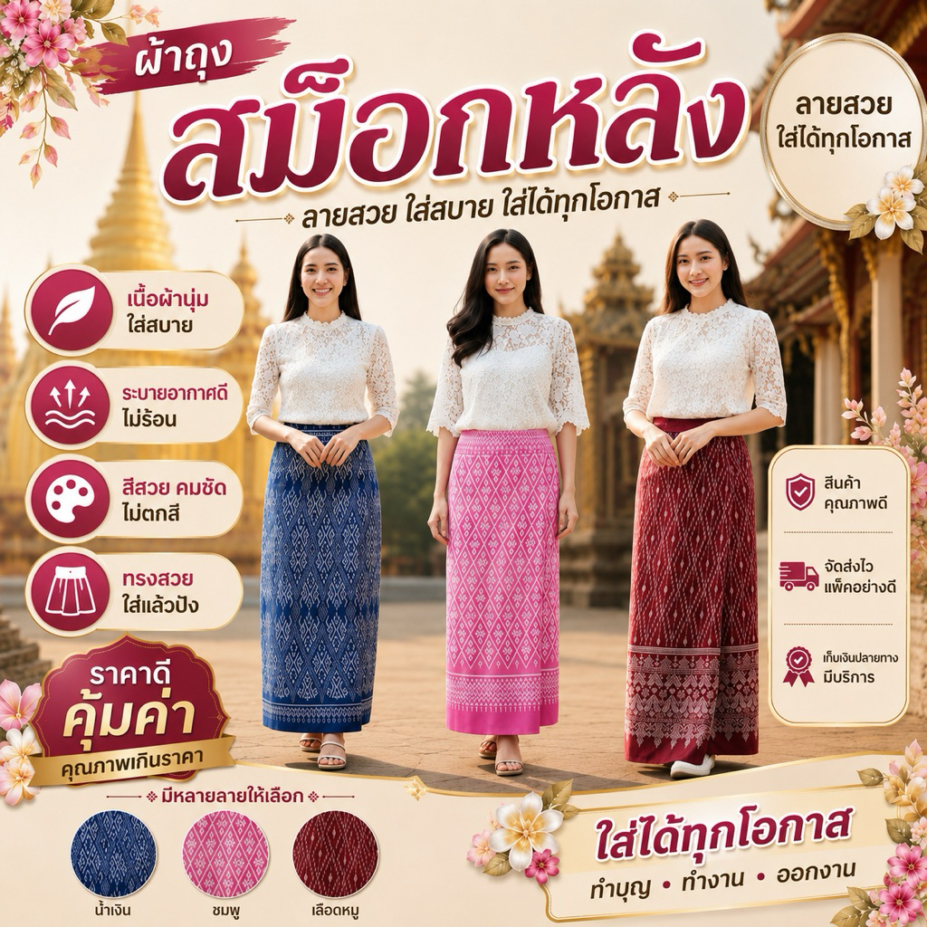 ผ้าถุงสำเร็จ เอวสม็อกหลังยางยืด ไม่ต้องตัดเย็บเพิ่ม