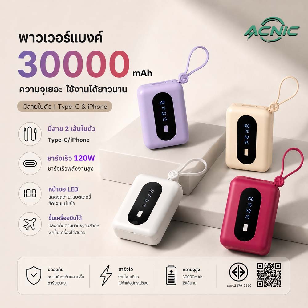 [รุ่นใหม่ล่าสุดปี 2026] ACNIC power bank พาวเวอร์แบงค์ 30000 mah ชาร์จไว  มีสายในตัวType-c/lightning พกพาสะดวก