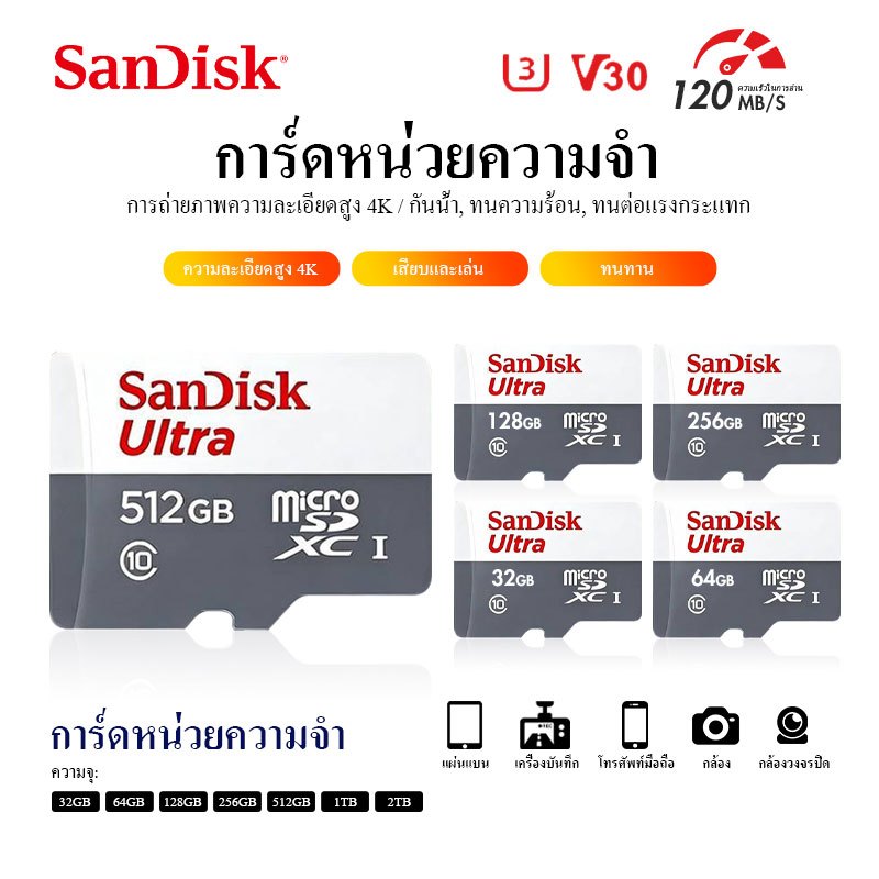 🔥SanDisk Micro SD Card Class10 32GB 64GB 128GB 256GB 512GB 1TB ความเร็ว 100MB/s สำหรับโทรศัพท์ มือถือ กล้องติดรถยนต์ กล้