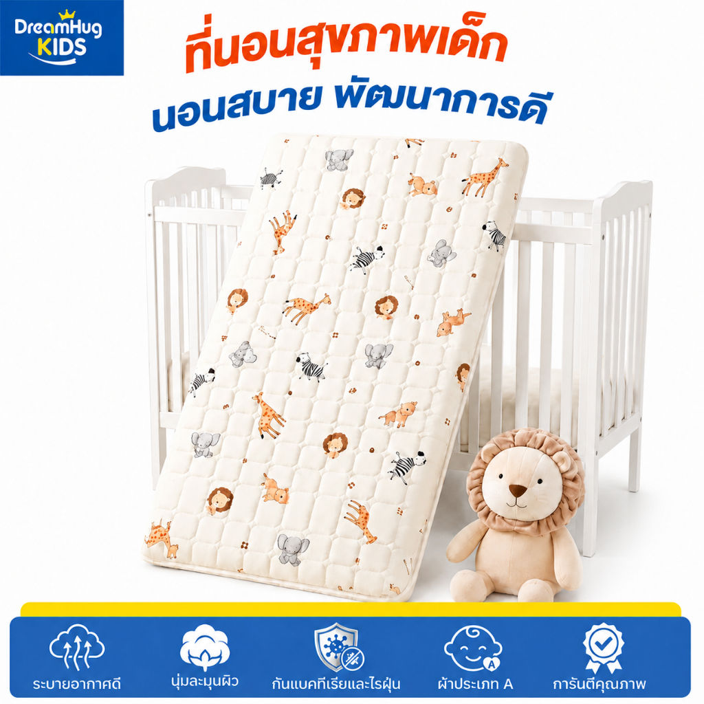 DreamHug ที่นอนเด็ก หนา 6 ซม ออร์แกนิก ใช้ได้ 2 ด้าน รองรับสรีระ ป้องกันไรฝุ่น หนาๆนุ่ม เพื่อสุขภาพ