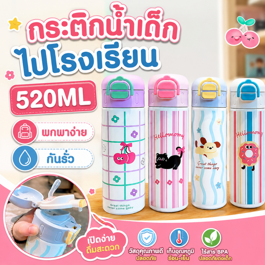 520ml กระติกน้ำเด็กไปโรงเรียน แก้วเก็บความเย็นเด็ก กระติกน้ำสแตนเลส 316 เก็บอุณหภูมิ หลอดเด้ง+ยกดื่ม กันรั่ว สายสะพาย