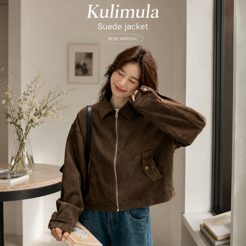 Kulimula Suede Jacket แจ็คเก็ตผ้าซูเอด คอปกสั้น ซิปหน้าสไตล์วินเทจเกาหลี