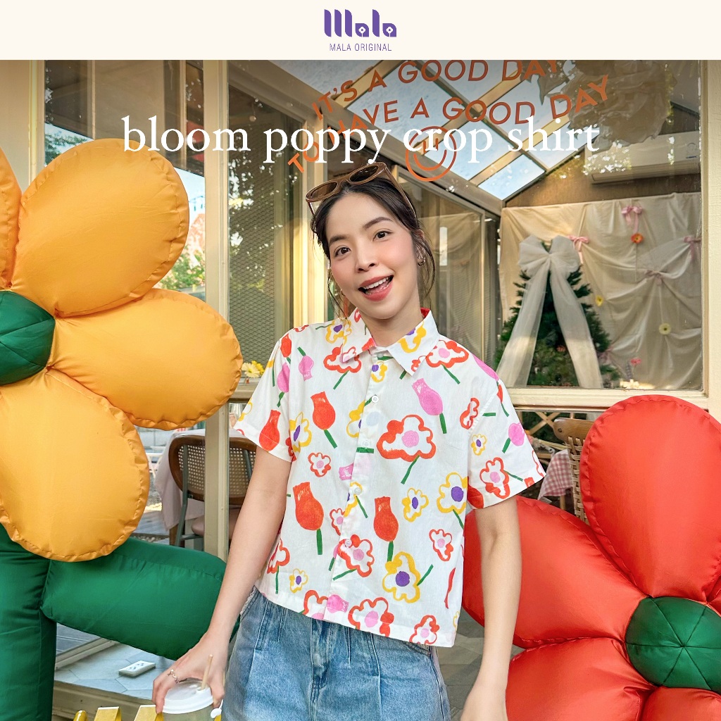MalaOriginal | Bloom Poppy Crop Shirt 🌼 เสื้อเชิ้ตครอป แขนสั้น ลายดอกไม้บาน สไตล์วาดมือ สุดคิ้วท์