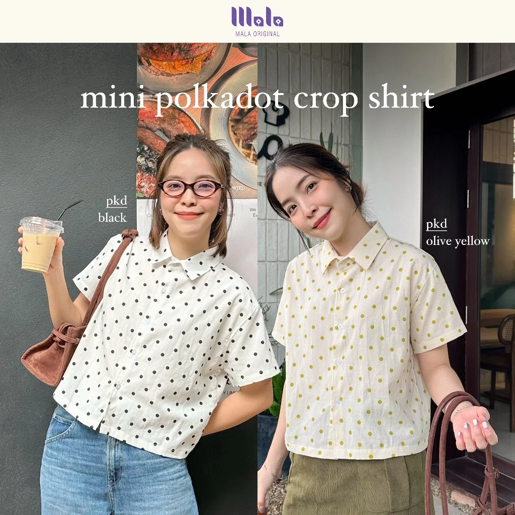 MalaOriginal |【พร้อมส่ง】Mini Polkadot Crop Shirt 🍪 เสื้อเชิ้ตครอป แขนสั้น ลายจุดขาวดำ จุดเล็ก ขนาดกำลัง