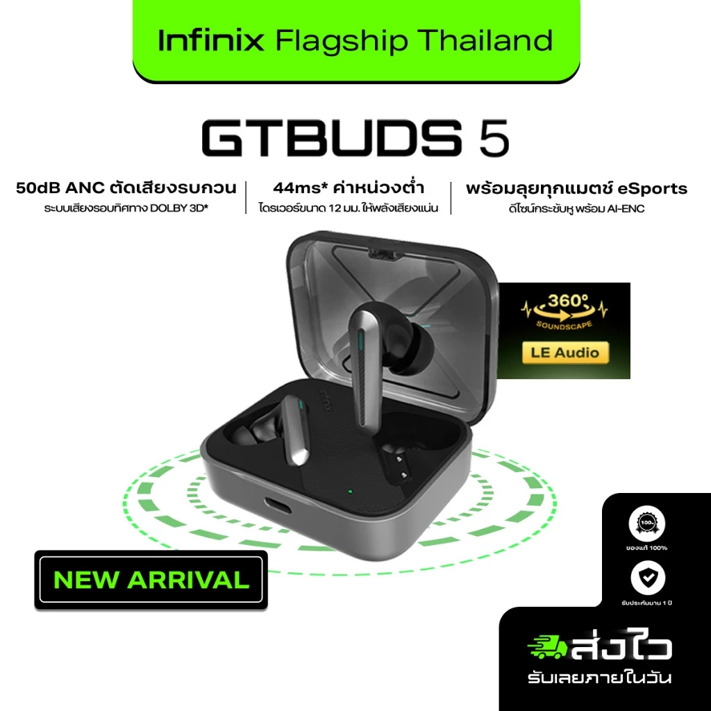 Infinix GTBuds 5 หูฟังเกมมิ่งไร้สาย | ANC 50dB ตัดเสียงรบกวน | ความหน่วงต่ำ 44ms | AI ENC | ประกันศูนย์ไทย 12 เดือน