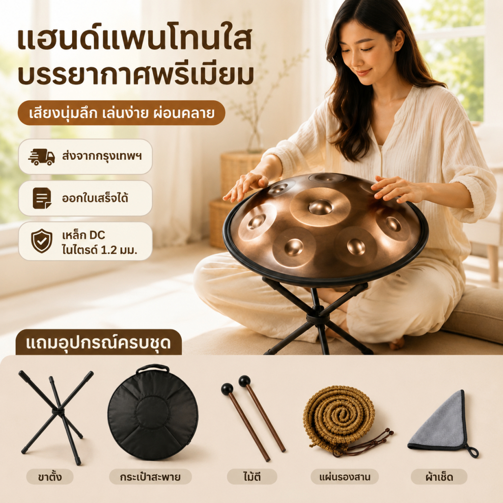22inch Hand Pan Drum กลองเหล็ก 9/10/12/14 Notes Kurd Dm ขนา เต22 น้ว พร้อมขาตั้ง สำหรับผู้เริมต้น เล่นโยคะ ทำสมาธิ