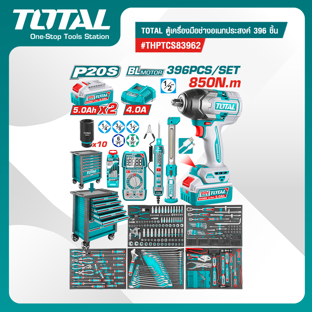 TOTAL ตู้เครื่องมือช่างอเนกประสงค์ 396 ชิ้น(พร้อมเครื่องมือ)# THPTCS83962