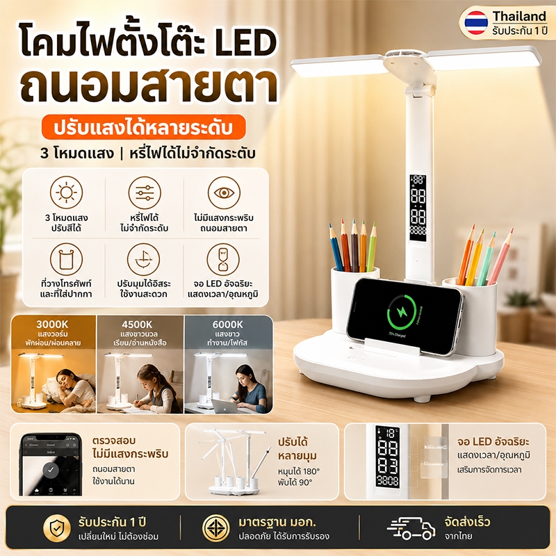 โคมไฟตั้งโต๊ะ LED โคมไฟทำงาน ปรับแสงได้ 3 สี พร้อมนาฬิกาดิจิตอล เทอร์โมมิเตอร์ และที่ใส่ปากกา