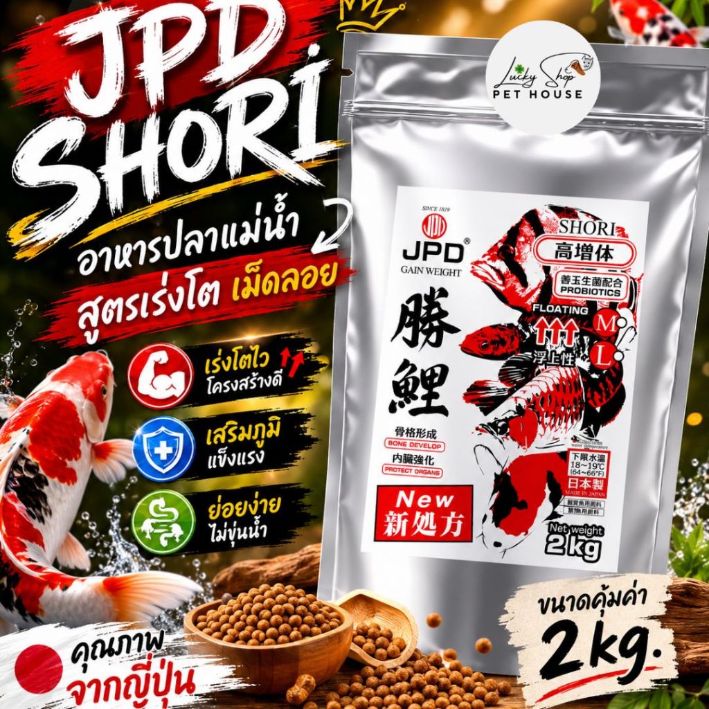 JPD SHORI อาหารปลาแม่น้ำ สูตรเร่งโต ((เม็ดลอย)) 2KG คุณภาพจากญี่ปุ่น โปรตีน 45%
