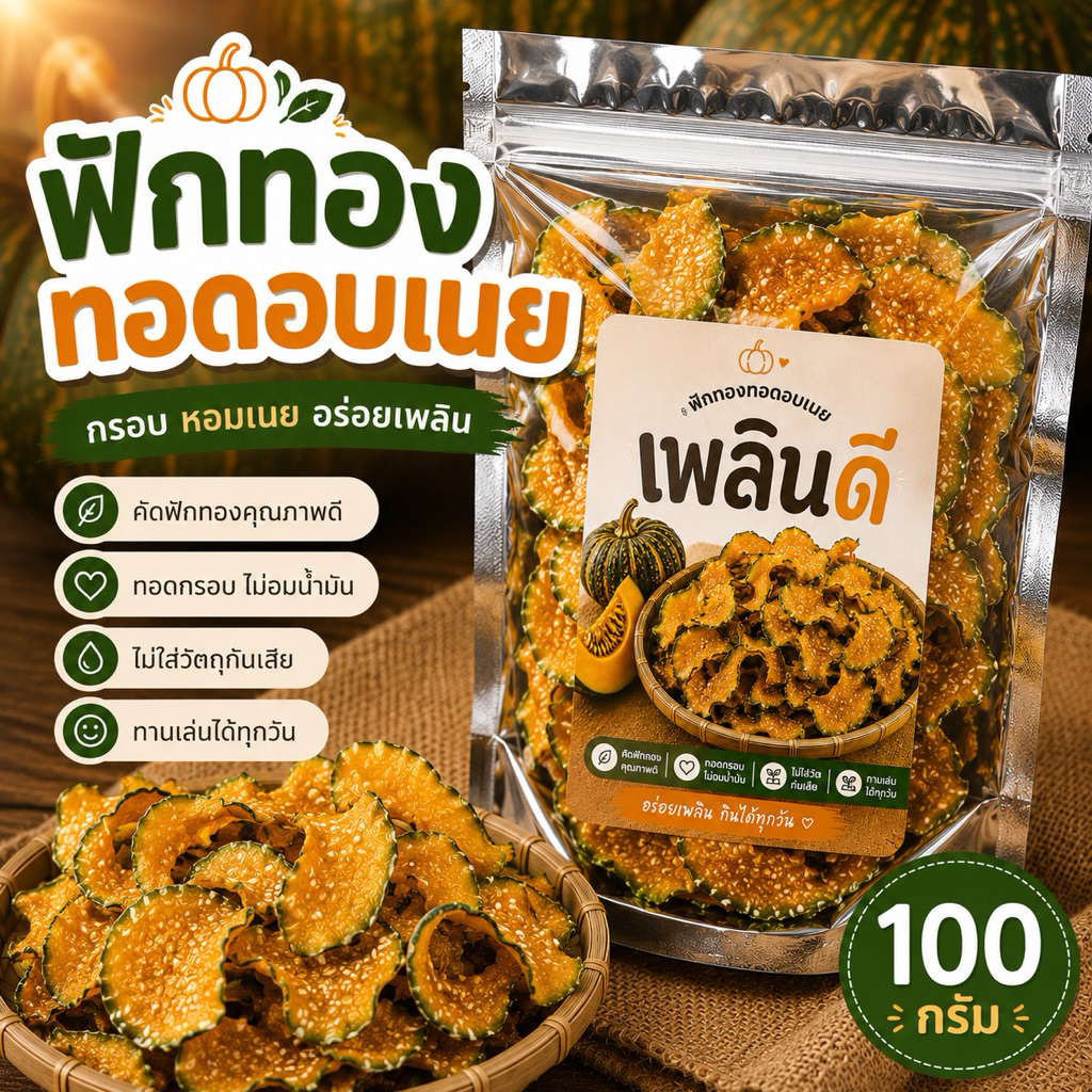 🎃 ฟักทองทอดอบเนย เพลินดี 100 กรัม | กรอบ หอมเนย ไม่อมน้ำมัน อร่อยเพลินทุกคำ