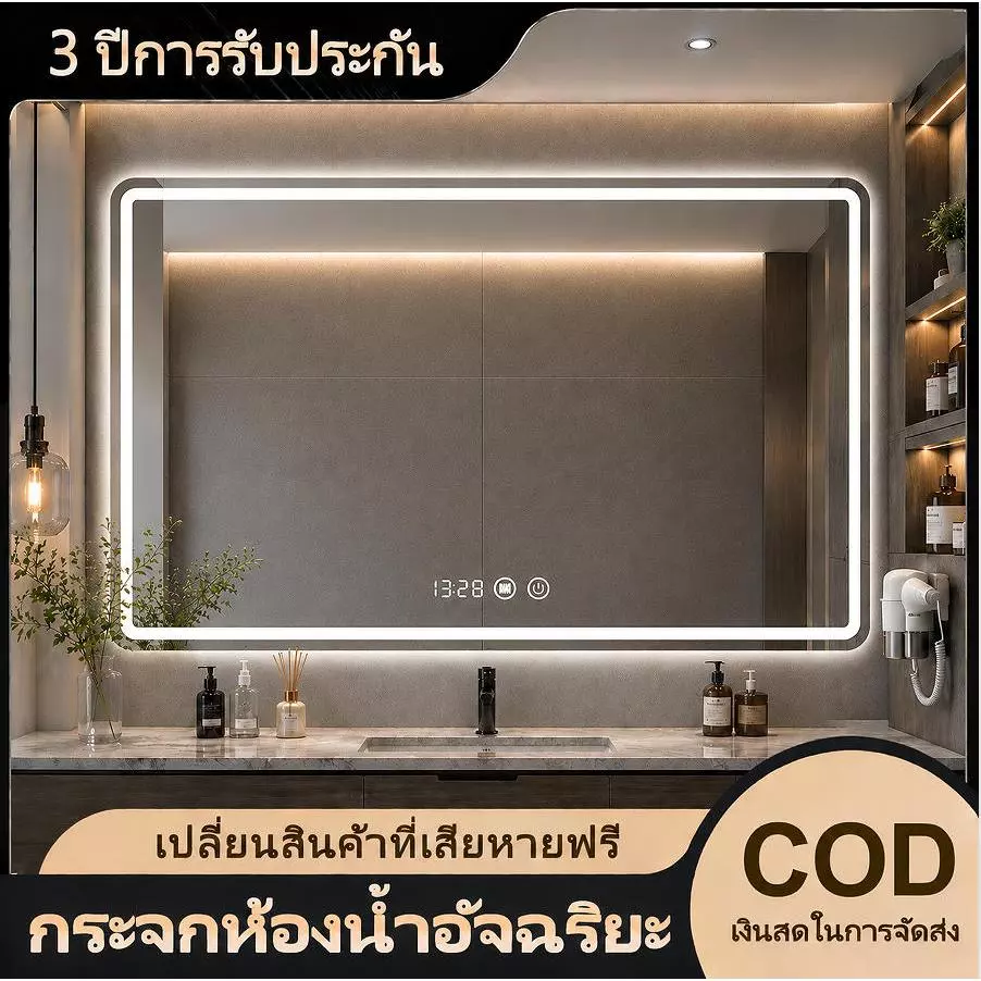 LEDกระจกห้องน้ำฉริยะควบคุมด้วยการสัมผัส ไฟ LED สามสี ฟังก์ชันล้างหมอก แสดงเวลาและอุณหภูมิ ขนาด 70*90/100*75/120*75ซม