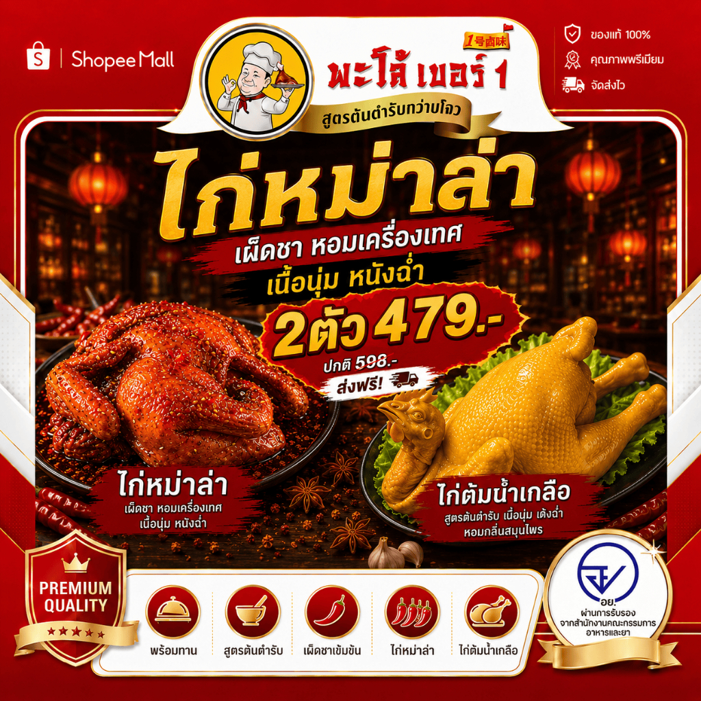 พะโล้ เบอร์1 ไก่หม่าล่า+ไก่ต้มเกลือ 2 ตัว ราคา 479.- สุดคุ้ม เผ็ดชา หอมเครื่องเทศ เนื้อนุ่ม หนังฉ่ำ พร้อมทาน ส่งฟรีทั่วไ