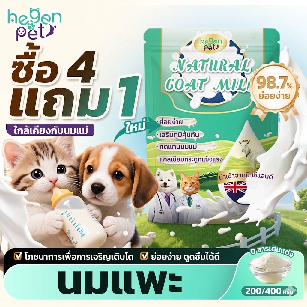 Hegen Pet นมแพะธรรมชาติสำหรับสุนัขและแมว นมทดแทนคุณภาพสูงสำหรับสัตว์เลี้ยง|นมแพะผสมสำหรับอาหารแมวและอาหารสุนัข