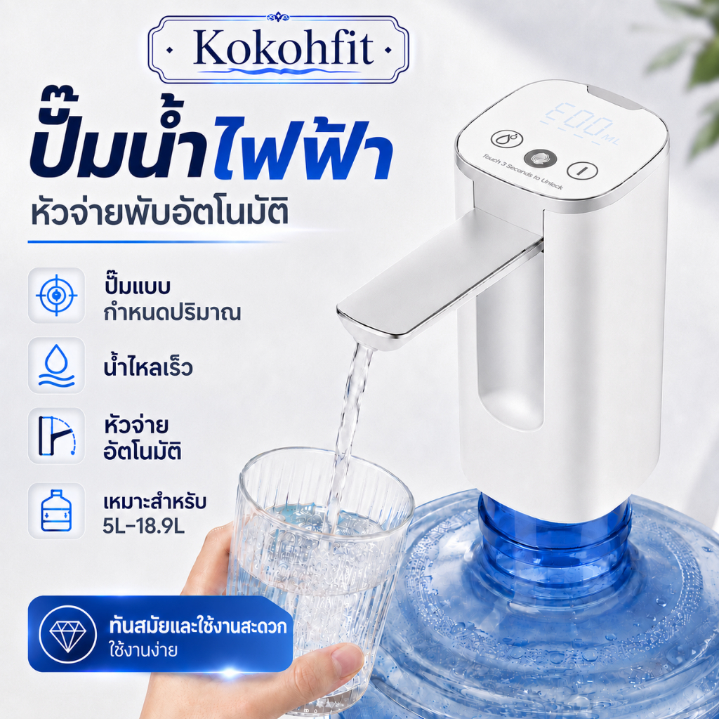 Kokohfit เครื่องกดน้ำอัตโนมัติ ที่ปั๊มน้ำดื่ม  / มีสามโหมดให้เลือก / การทํางานเงียบ / อินเทอร์เฟซ USB Type-C /