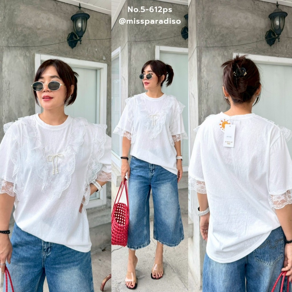 5-612PS เสื้อสลาฟระบายลูกไม้ขาวโบว์มุก