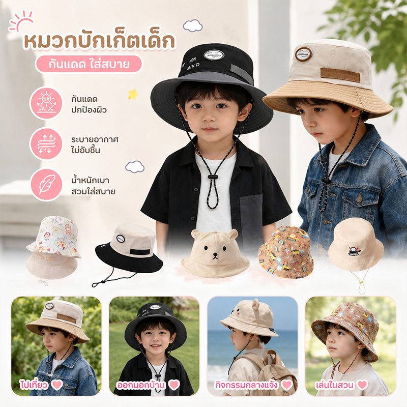 หมวกเด็ก หมวกบักเก็ตเด็ก กันแดด แห้งเร็ว ร้อยหอคอย มีเชือกปรับขนาด