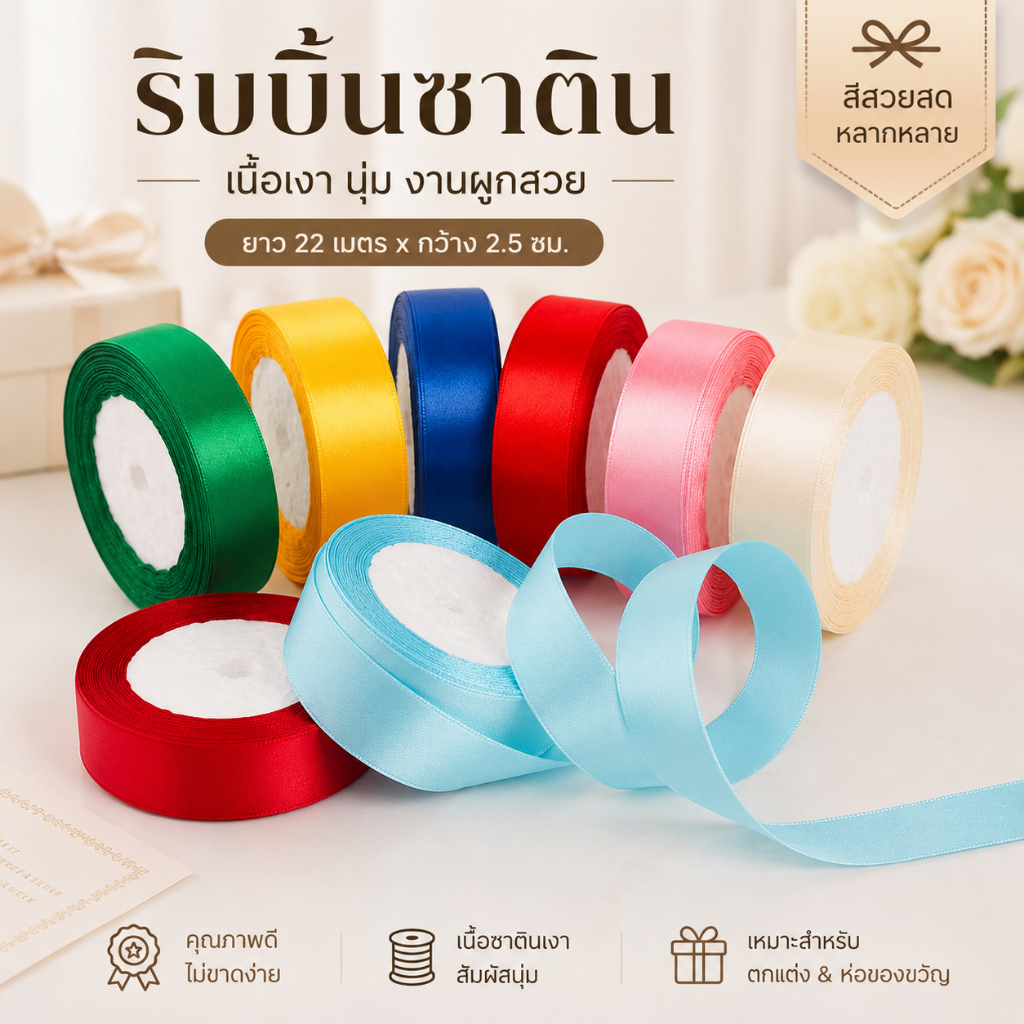 🎁 ริบบิ้นซาติน 2.5cm 25 หลา ริบบิ้นทำโบว์ ห่อของขวัญ DIY ตกแต่งช่อดอกไม้ งานแต่ง งานมงคล พร้อมส่ง สีพรีเมียม