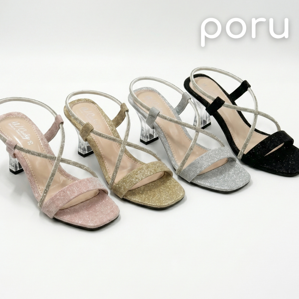 [ส่งฟรี]PORU รองเท้าส้นแก้ว รองเท้าส้นสูง 2 นิ้ว สายเพชรไขว้ระยิบระยับ สไตล์เกาหลี เรียบหรู เหมาะสำหรับใส่ออกงาน
