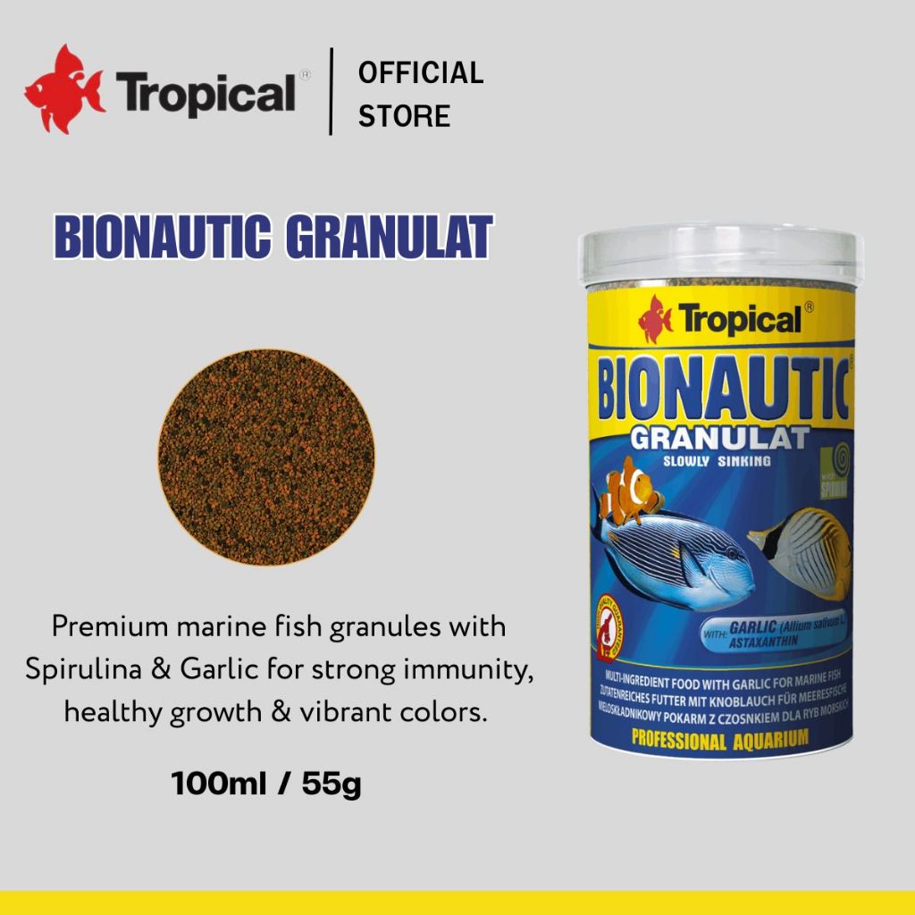TROPICAL BIONAUTIC GRANULAT – 100ml / 55g อาหารปลาทะเลชนิดเม็ดจมช้า สูตรเข้มข้นจากวัตถุดิบทางทะเล เสริมสีสัน ภูมิคุ้มกัน