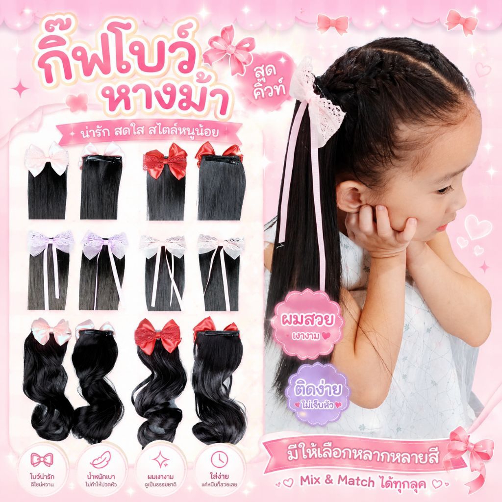 ✿พร้อมส่งจากไทย✿ (ราคาต่อคู่/2ชิ้น) กิ๊ฟแอร์พีชเด็ก หางม้าเด็ก ผมตรง ผมลอน กิ๊ฟปากเป็ด วิกผมเด็ก