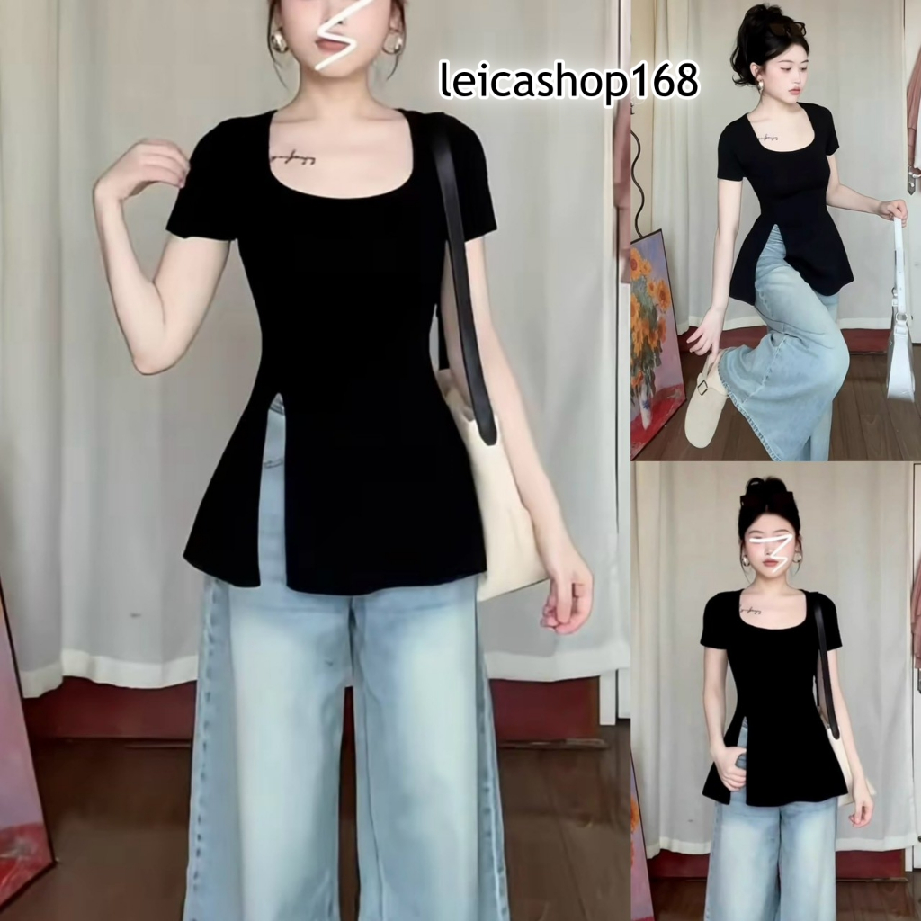 สินค้าพร้อมส่ง เสื้อแฟชั่น ผ้าเปลือกไม้ ทรงยาว เข้ารูป เสื้อคอกลมแขนสั้น ดีเทลผ่าข้าง สาวอวบใส่ได้ ใส่ทำงาน  ใส่แมท