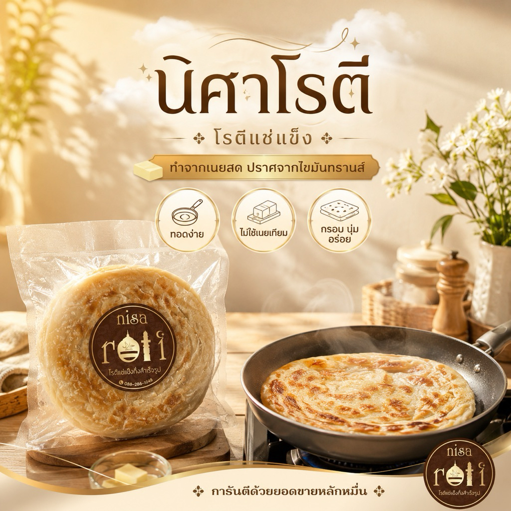 โรตีสำเร็จรูป นิศาโรตี ฮาลาล 1 แพ๊ค มี 5 แผ่นใหญ่ โรตีแช่แข็ง โรตีกึ่งสำเร็จรูป กรอบ นุ่ม อร่อย ❌ไม่มีไขมันทรานซ์❌
