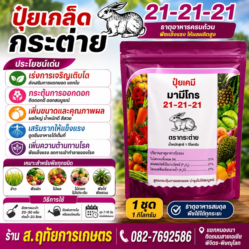 ปุ๋ยเกล็ด สูตร21-21-21 กระต่าย ขนาด1กิโล บำรุงทุกส่วน ใบ ต้น ผล ราก ดอก