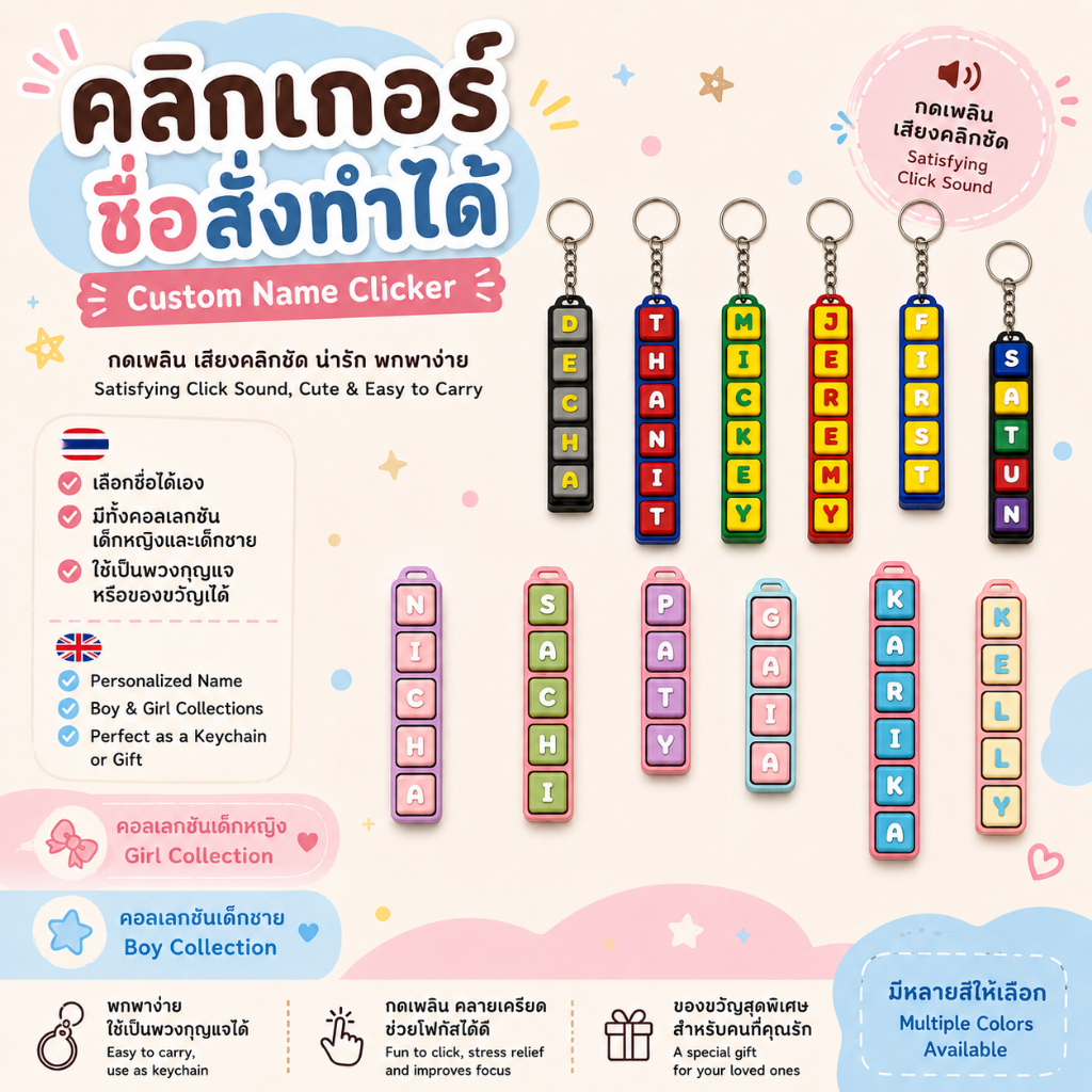 ของเล่นคลายเครียด ปุ่มกดคีย์บอร์ด ASMR Clicker สั่งทำชื่อคัสตอม (Custom Name Keychain / ของขวัญวันเกิด)