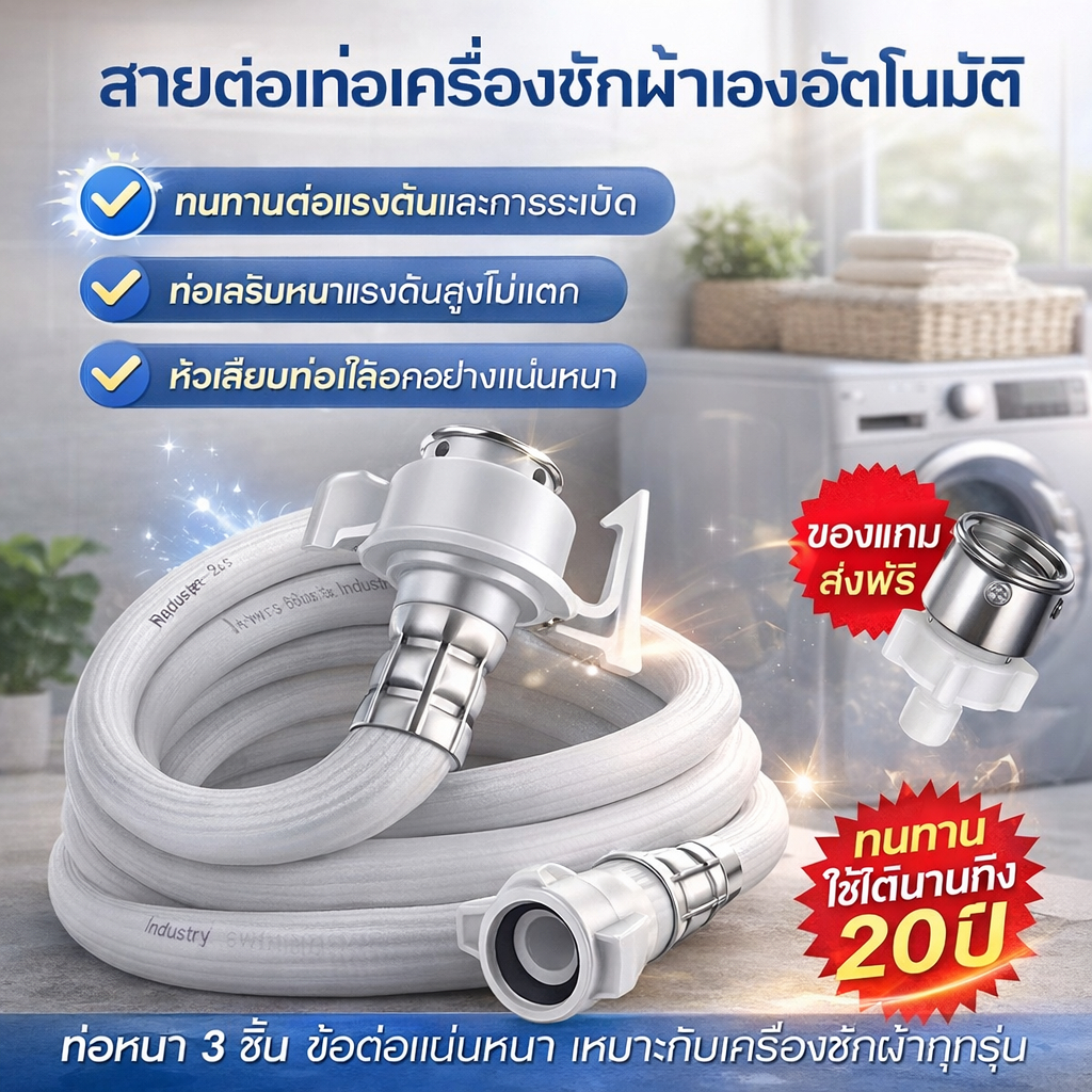 🔥พร้อมส่ง สายน้ำเข้าเครื่องซักผ้า 1-15m ใช้ได้ทุกรุ่น หัว 25mm (1/2") ท่อน้ำดี คุณภาพสูง แข็งแรงทนทาน ฝาบน-ฝาหน้า