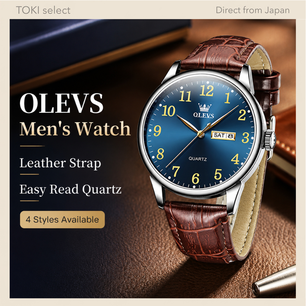 OLEVS Men's Leather Strap Quartz Watch Large Dial Date Business Casual Watch White Blue Black