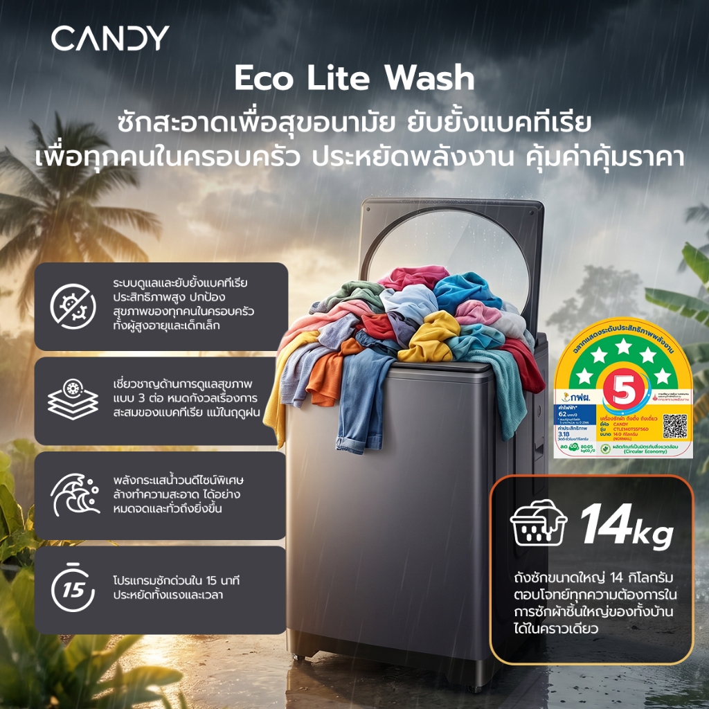 Candy เครื่องซักผ้า เครื่องซักผ้าฝาบน Top Load ขนาด 14 kg ซักด่วน 15 นาที ทำงานเงียบ ทนทาน รับประกันมอเตอร์ 12 ปี