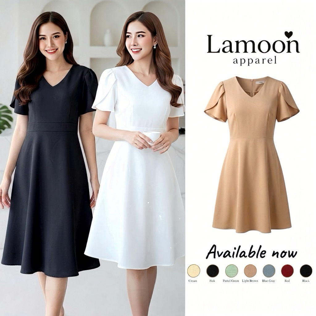 [พร้อมส่ง] Lamoon dress เดรสคอวีแขนสั้นกลีบบัว  ป้าย VERA ชุดไปงานแต่ง ชุดไปคาเฟ่ ชุดไปทำงาน by Lamoon apparel