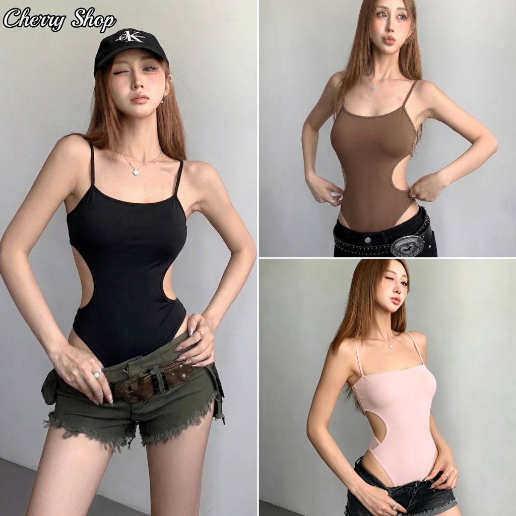 cherryshop พร้อมส่ง บอดี้สูทสายคล้องคอสุดเซ็กซี่สไตล์วันหยุดพักผ่อนริมทะเลสำหรับผู้หญิง ดีไซน์เว้าข้าง