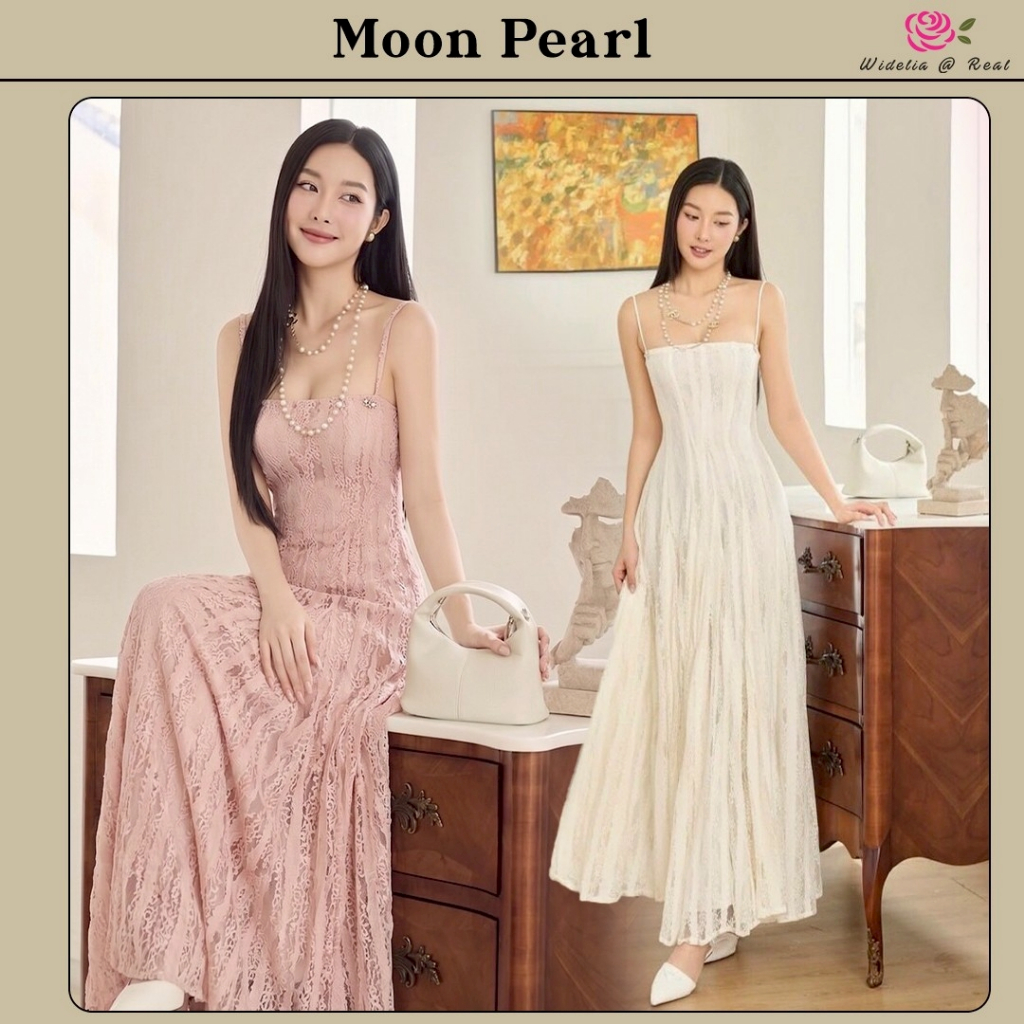 Moon Pearl Dress 2 สี สีขาว/สีชมพู เดรสตัวยาว สายเดี่ยวปรับระดับได้ ซิปหลัง ด้านหลังผ้าสม็อค ผ้าลูกไม้ มีซับใน