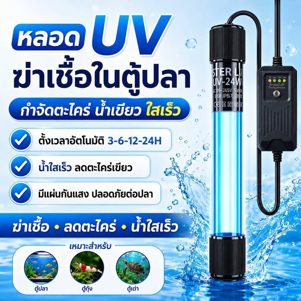 โคมไฟ UV ฆ่าเชื้อในตู้ปลา กำจัดตะไคร่ น้ำเขียว ใต้น้ำ ตั้งเวลาอัตโนมัติ 3-6-12-24H น้ำใสเร็ว สำหรับตู้ปลาและบ่อปลา