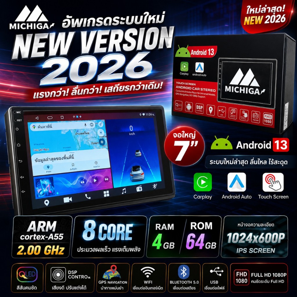 ใหม่อัพเกรด 2026 แรงกว่าเดิม จอแอนดรอย MICHIGA QLED RAM 4 ROM 64 ขนาดจอ 7 นิ้ว CPU 8 CORE