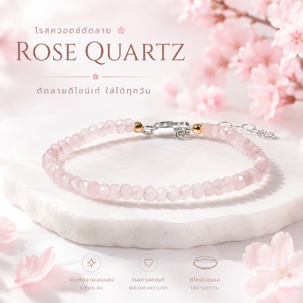 สร้อยข้อมือหินมงคล หินโรสควอตซ์ เจียระไนเม็ดเล็ก Rose Quartz สีชมพูอ่อน หินแท้ เสริมเสน่ห์ และความรัก ของขวัญผู้หญิง