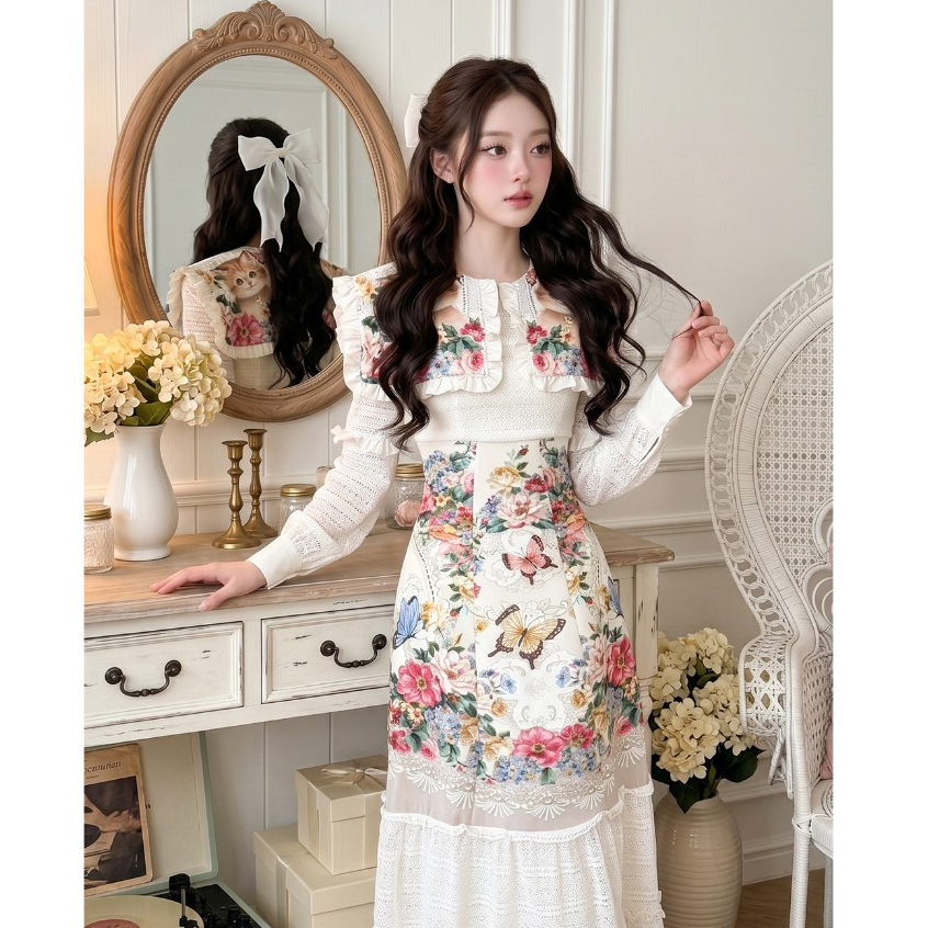 (ควรสั่งเผื่อ1ไซส์มี3XL) สีครีมTong Jai Vintage Dress เดรยาวผ้าเปเป้พิมพ์ลายปกวินเทจแขนยาวลูกไม้ตัดต่อกระโปรงลูกไม้