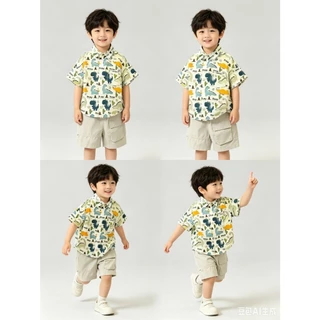 BB336 ชุดเด็กผู้ชายลายไดโนเสาร์ เสื้อเชิ้ตแขนสั้น + กางเกงขาสั้น