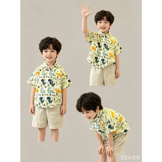 BB336 ชุดเด็กผู้ชายลายไดโนเสาร์ เสื้อเชิ้ตแขนสั้น + กางเกงขาสั้น