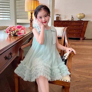 1-11 ปี ชุดเดรสเด็กผู้หญิง สไตล์เกาหลี แขนกุด ประดับด้วยโบว์ ผ้าทูลล์ านุ่มใสสบายฯ กระโปรงสาวฤดูร้อน