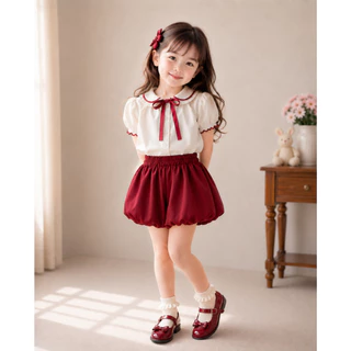 กระโปรงกางเกงบอลลูนของผู้หญิง แม่และเด็ก สีแดงเชอร์รี่ (สีใหม่)