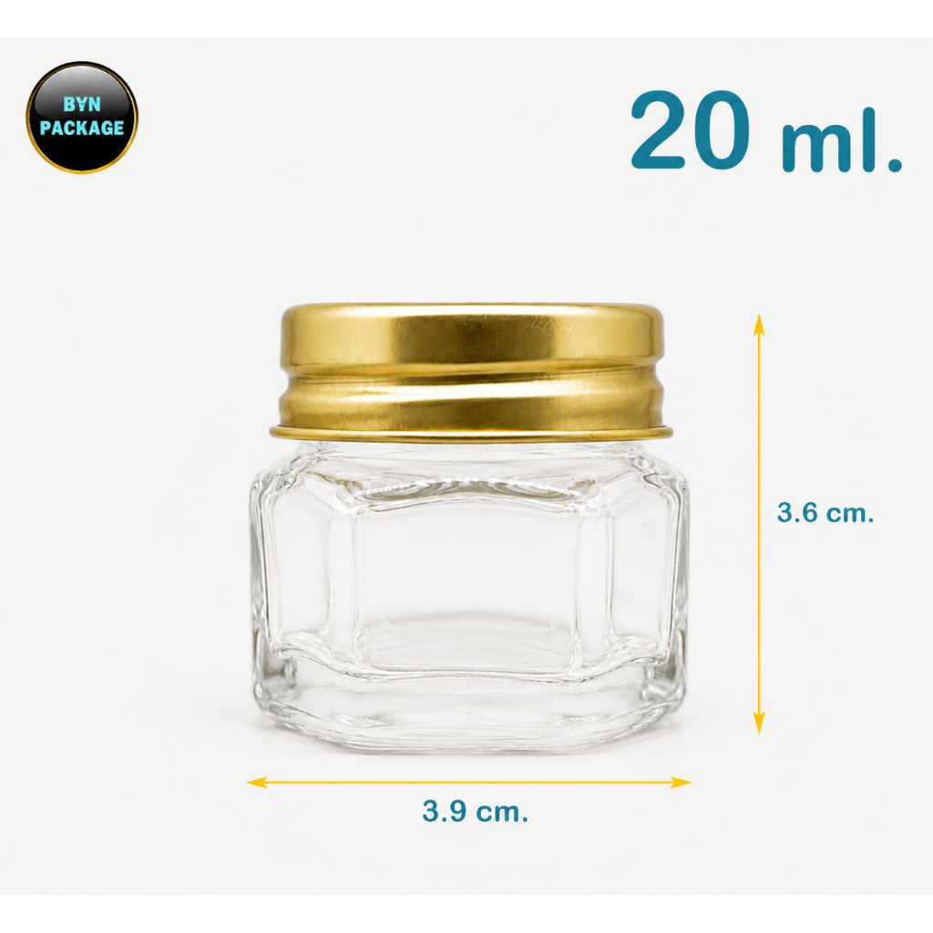 ขวดแก้ว หกเหลี่ยม ขนาด 20 ml. พร้อมฝา (50ใบ) / ขวดใส่ยาหอม ขวดใส่ยาหม่อง ขวดใส่ขี้ผึ้ง ขวดใส่ยาดม