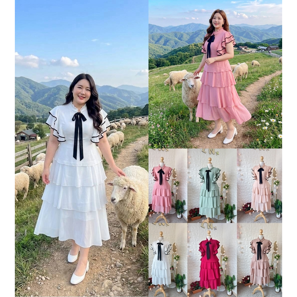 เดรสสาวอวบ เดรสชั้นๆ ผ้าชีฟอง ทรงสวยหรู ตามเทรน ใส่ออกงานหรือเที่ยว ใส่ได้หลายโอกาส พลัสไซส์ LN