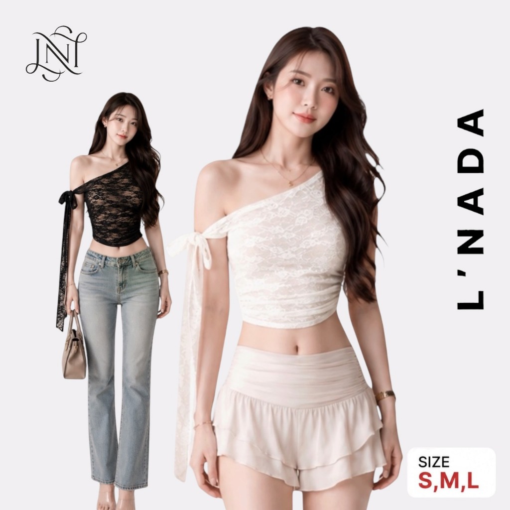 L'NADA【พร้อมส่ง】เสื้อปาดไหล่เข้ารูปผูกโบว์ตรงไหล่ เอวลอย อวดหุ่นสุดมั่นใจใส่สบายไม่คัน มี2สี (A9507)