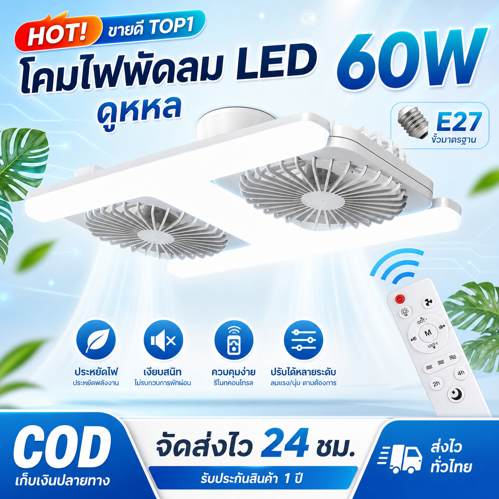 💡💡  ไฟ LED พัดลมรูปตัว H พร้อมรีโมทคอนโทรลแสงอ่อน 3 เกียร์ปรับลมเย็นสบายการออกแบบพัดลมคู่สำหรับห้องนั่งเล่นห้องรับประทาน
